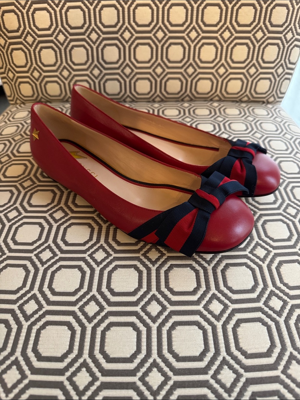 Gucci Red Leather Flats with Navy Ribbon Bow